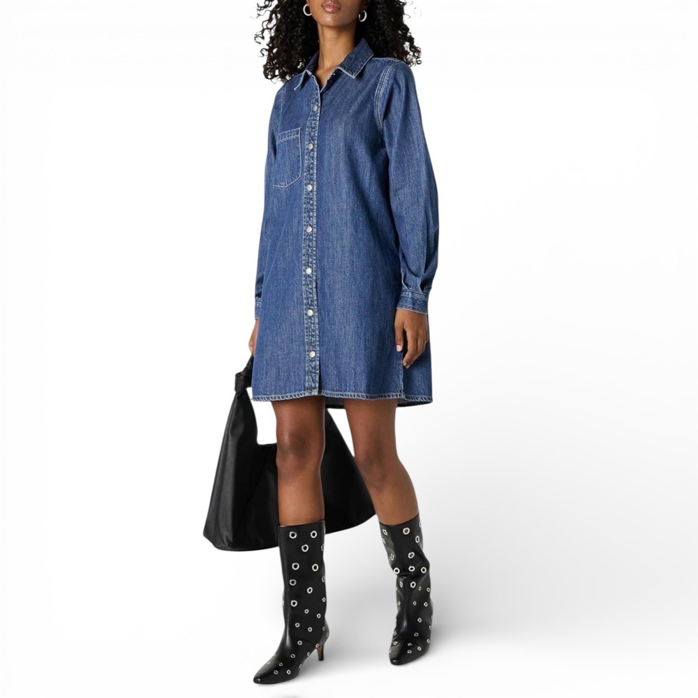 The Drop Katerina Classic Denim Shirt Dress Long‎ Sleeve Button Front XS